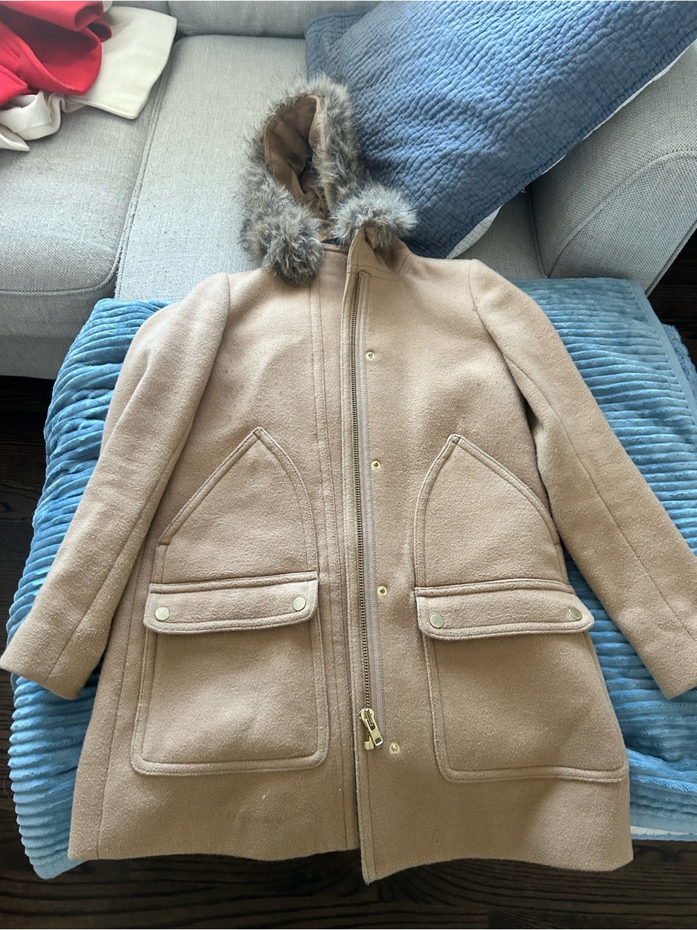 J. Crew Camel Hooded Wool-Blend Pea Coat with Faux Fur Trim